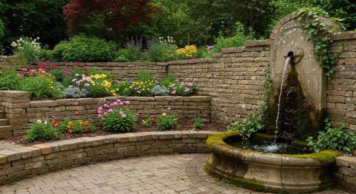 des éléments maçonnés dans un jardin naturel